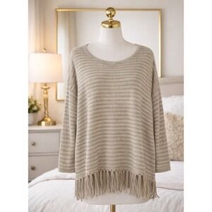 Chico's Knit Sweater Pullover Fringe Hem Boho Neutral Tan Stripes Size 2 Large